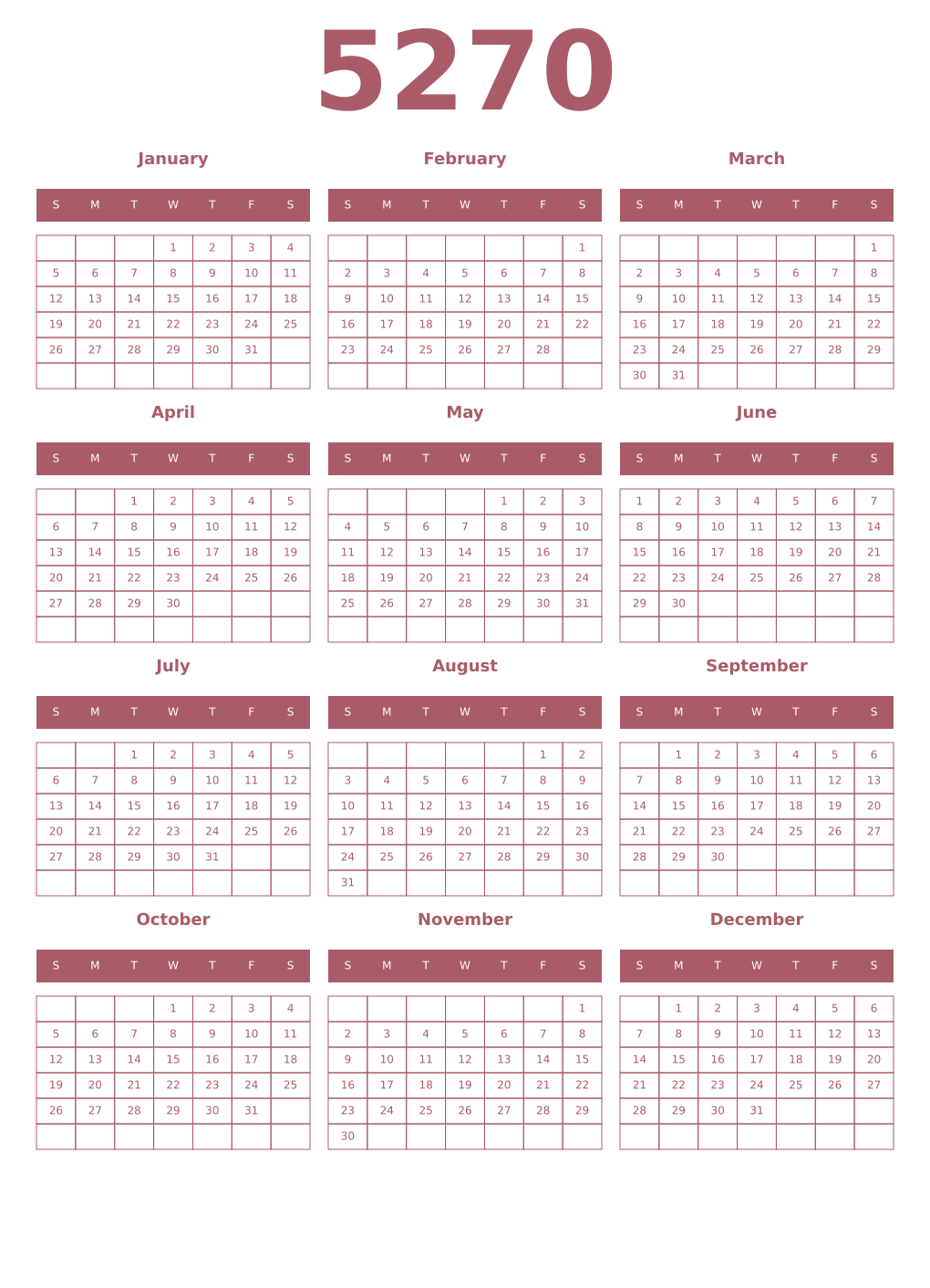 Printable 5270 Year Calendars puce