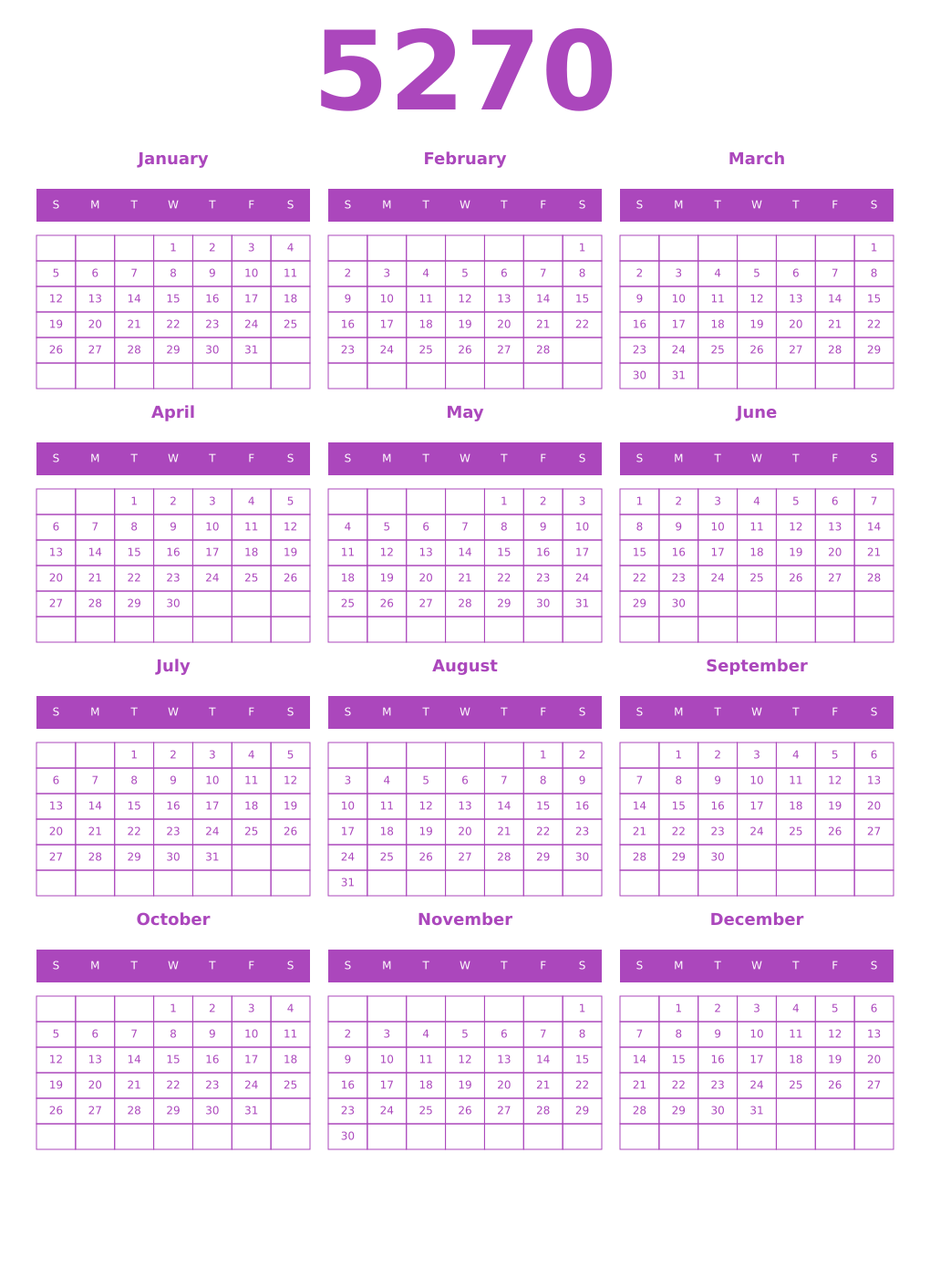Printable 5270 Year Calendars purple