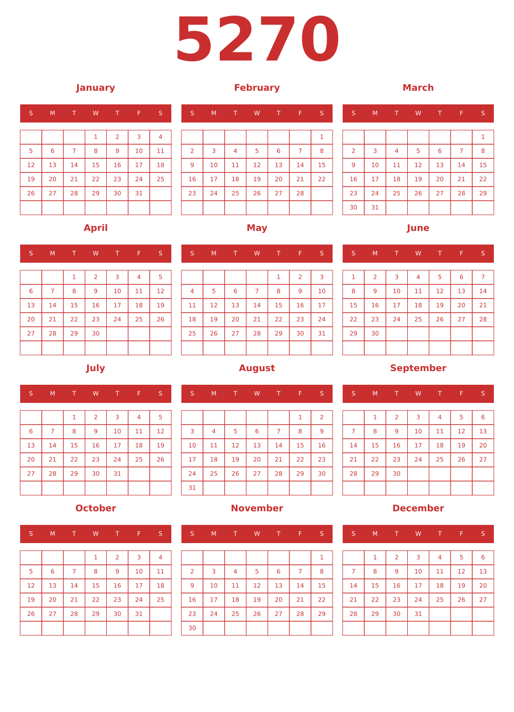 Printable 5270 Year Calendars red