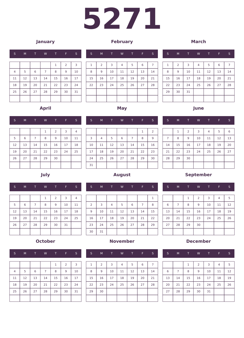 Printable 5271 Year Calendars aubergine