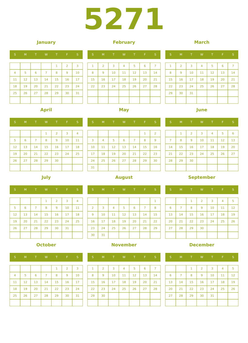 Printable 5271 Year Calendars chartreuse