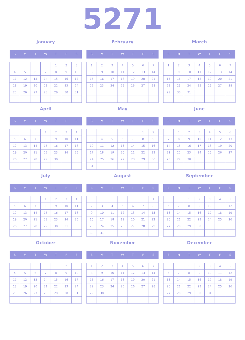 Printable 5271 Year Calendars periwinkle