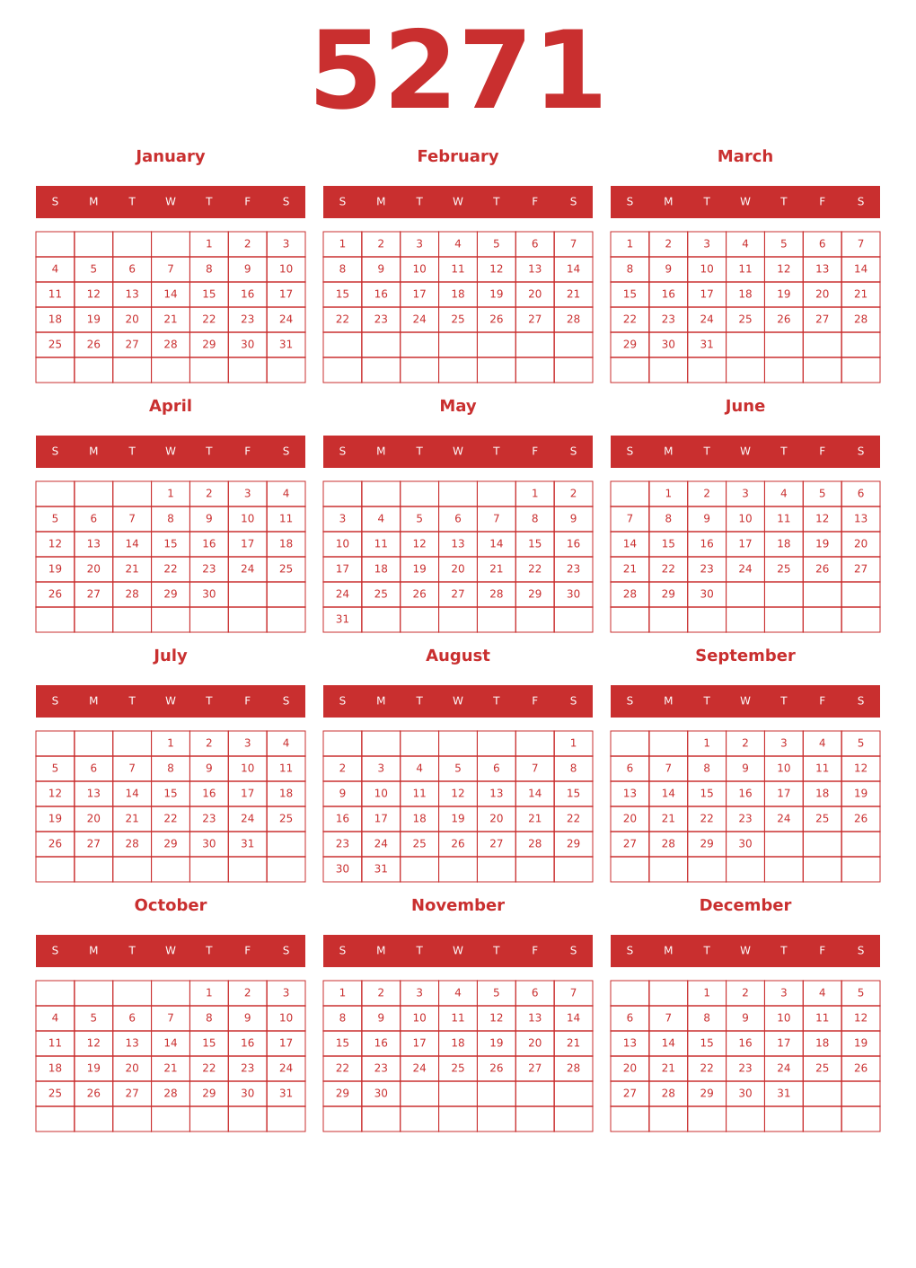 Printable 5271 Year Calendars red