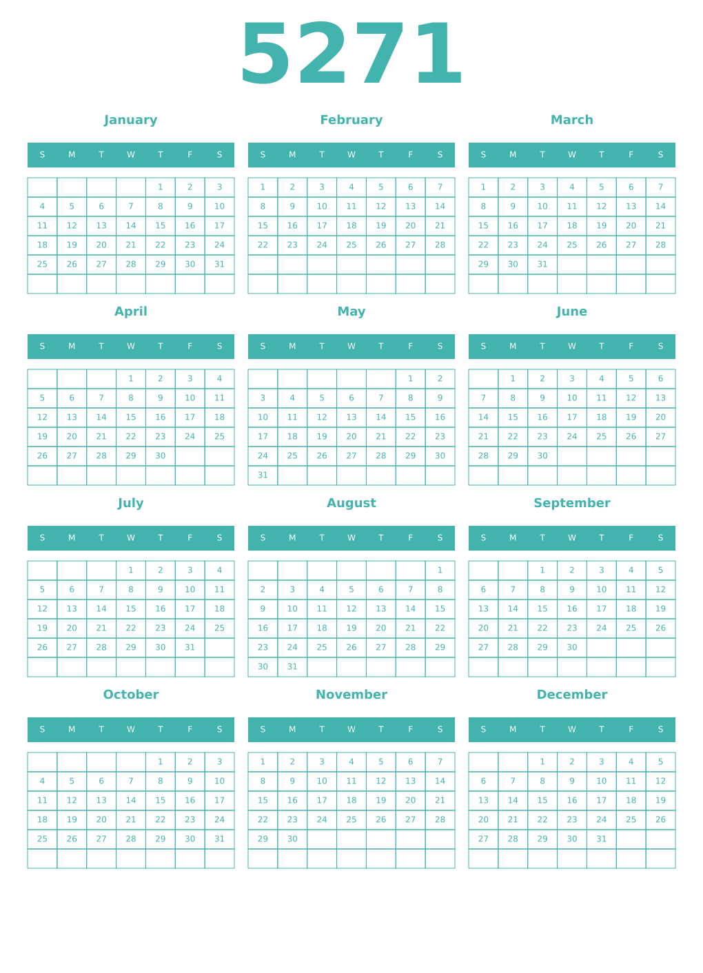 Printable 5271 Year Calendars verdigris