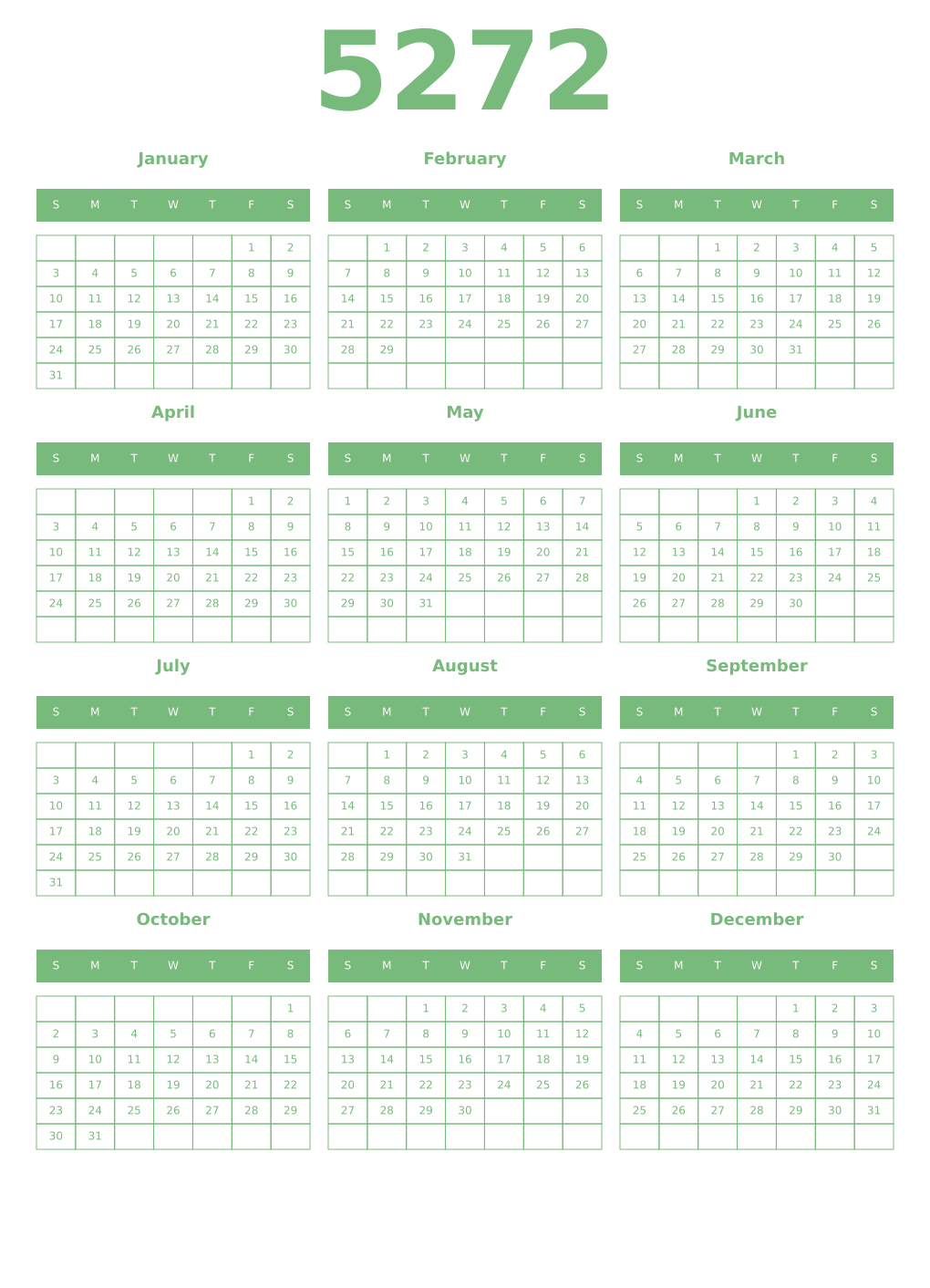 Printable 5272 Year Calendars celadon