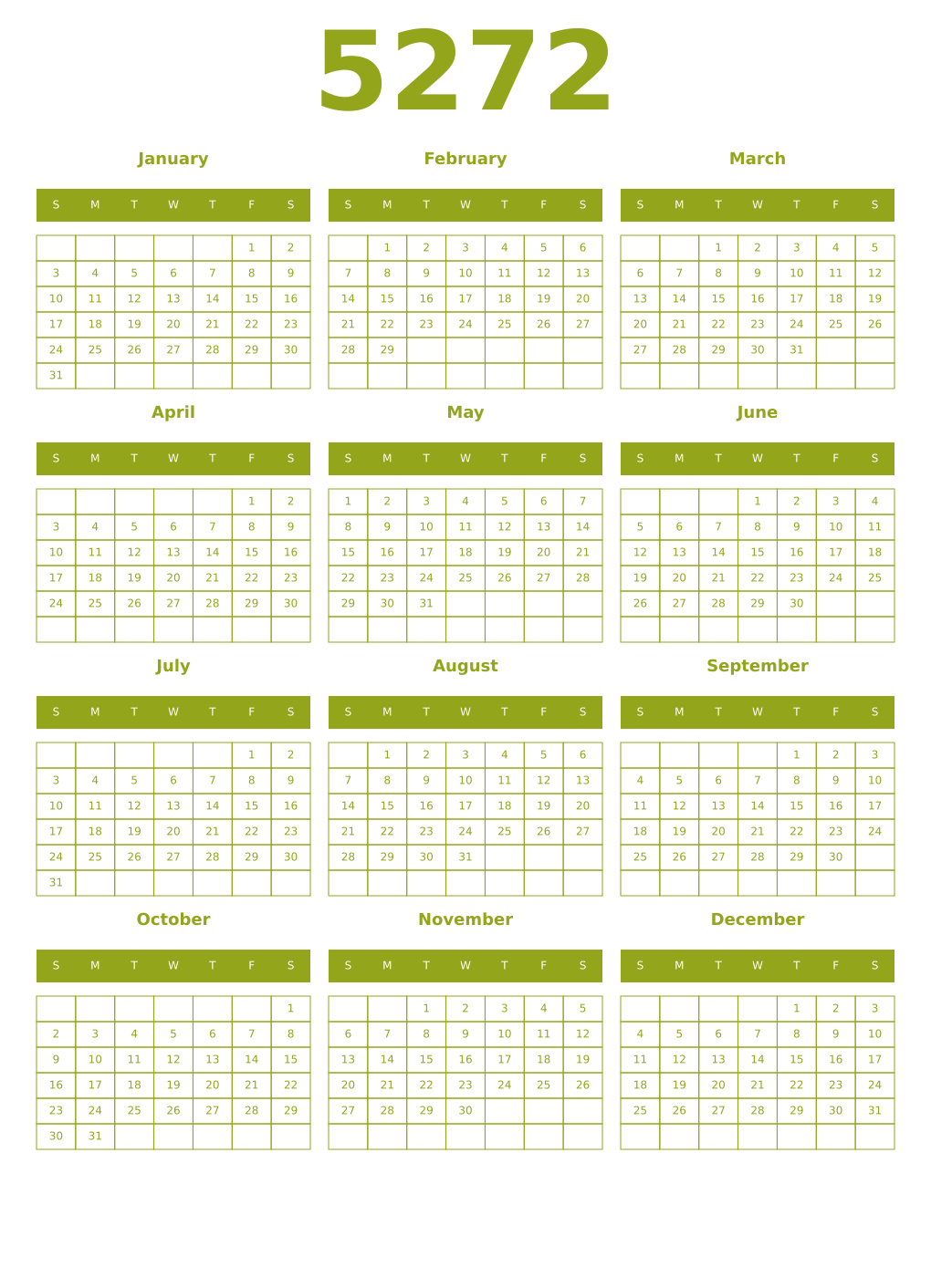 Printable 5272 Year Calendars chartreuse
