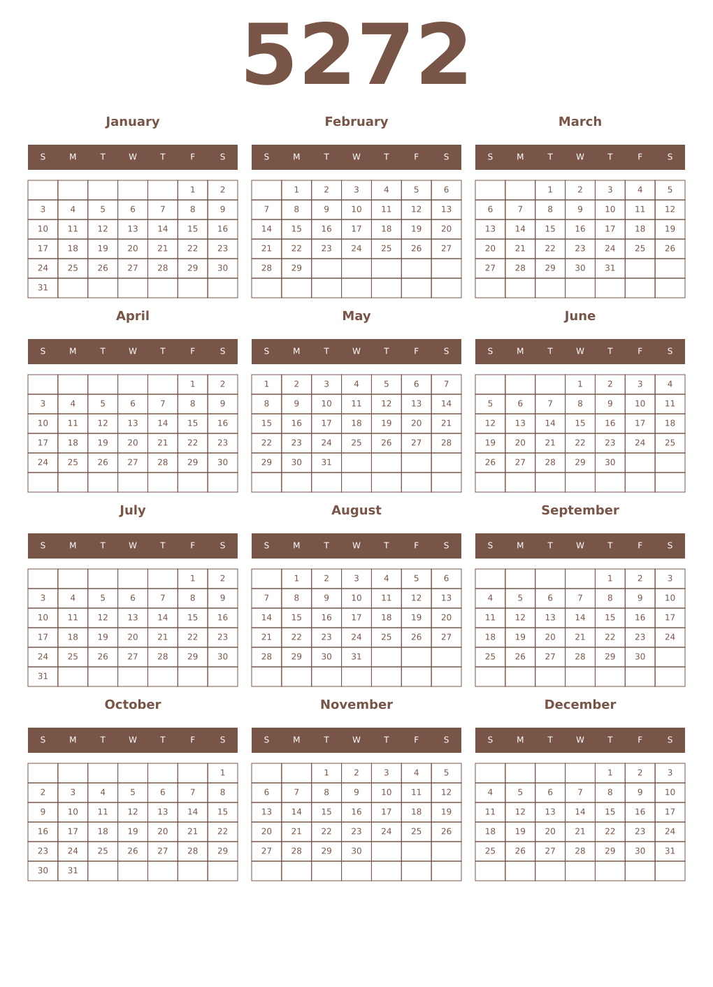 Printable 5272 Year Calendars coffe