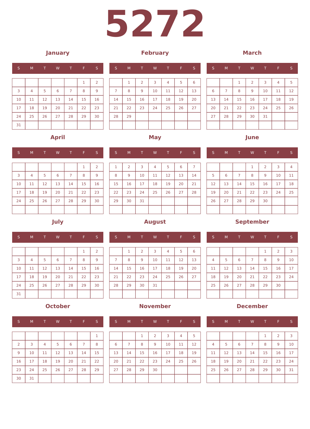 Printable 5272 Year Calendars cordovan