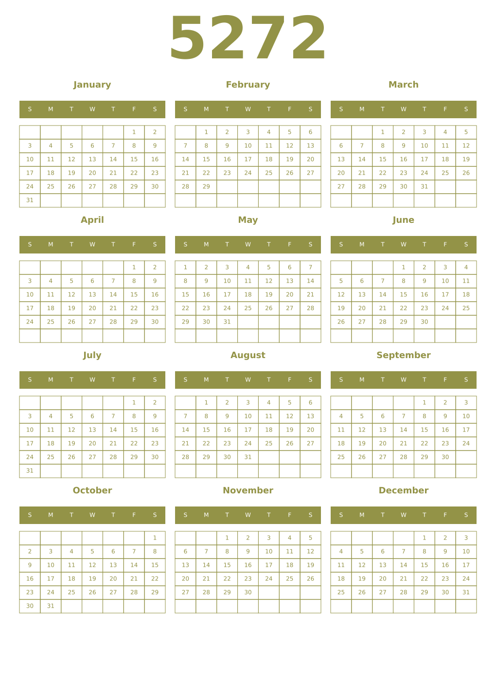 Printable 5272 Year Calendars eburnean