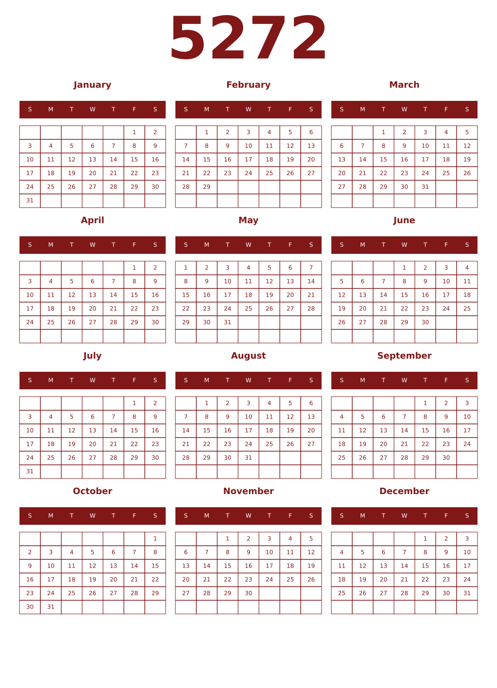 Printable 5272 Year Calendars falu