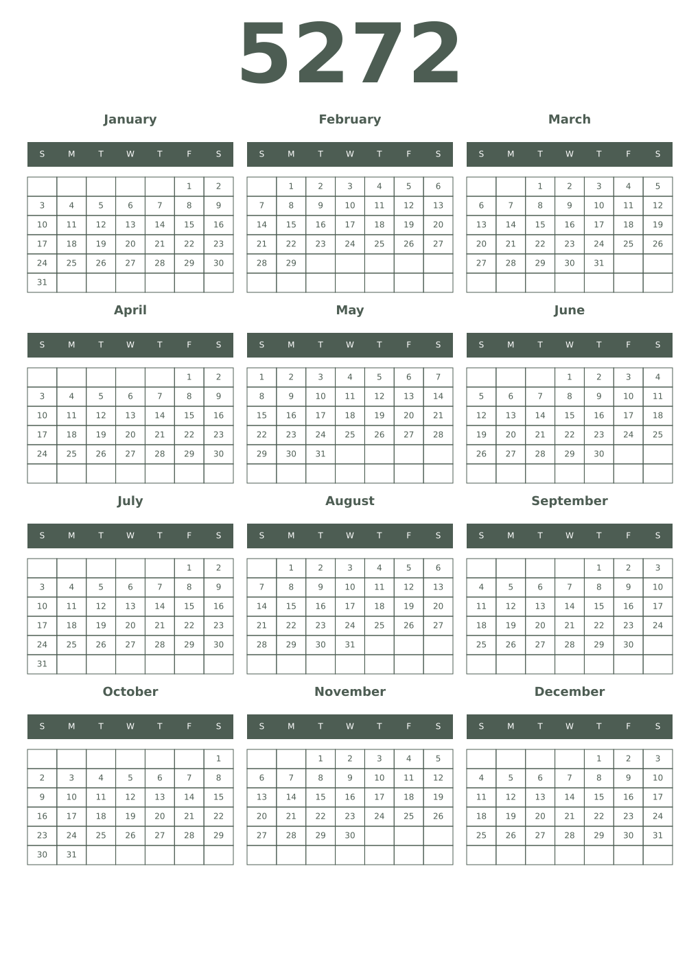 Printable 5272 Year Calendars feldgrau