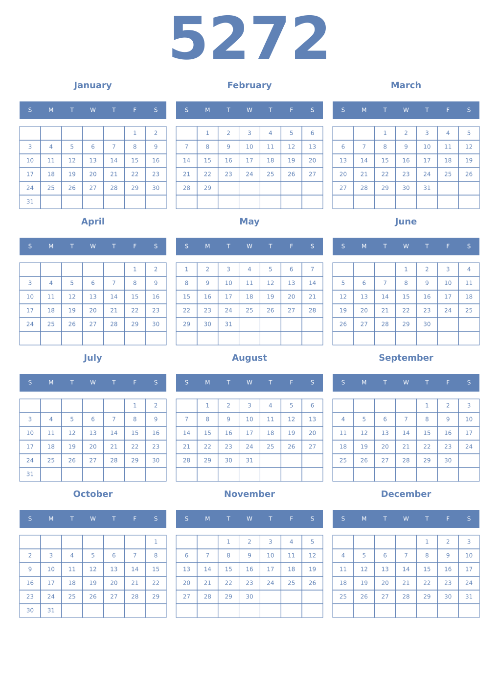 Printable 5272 Year Calendars glaucous