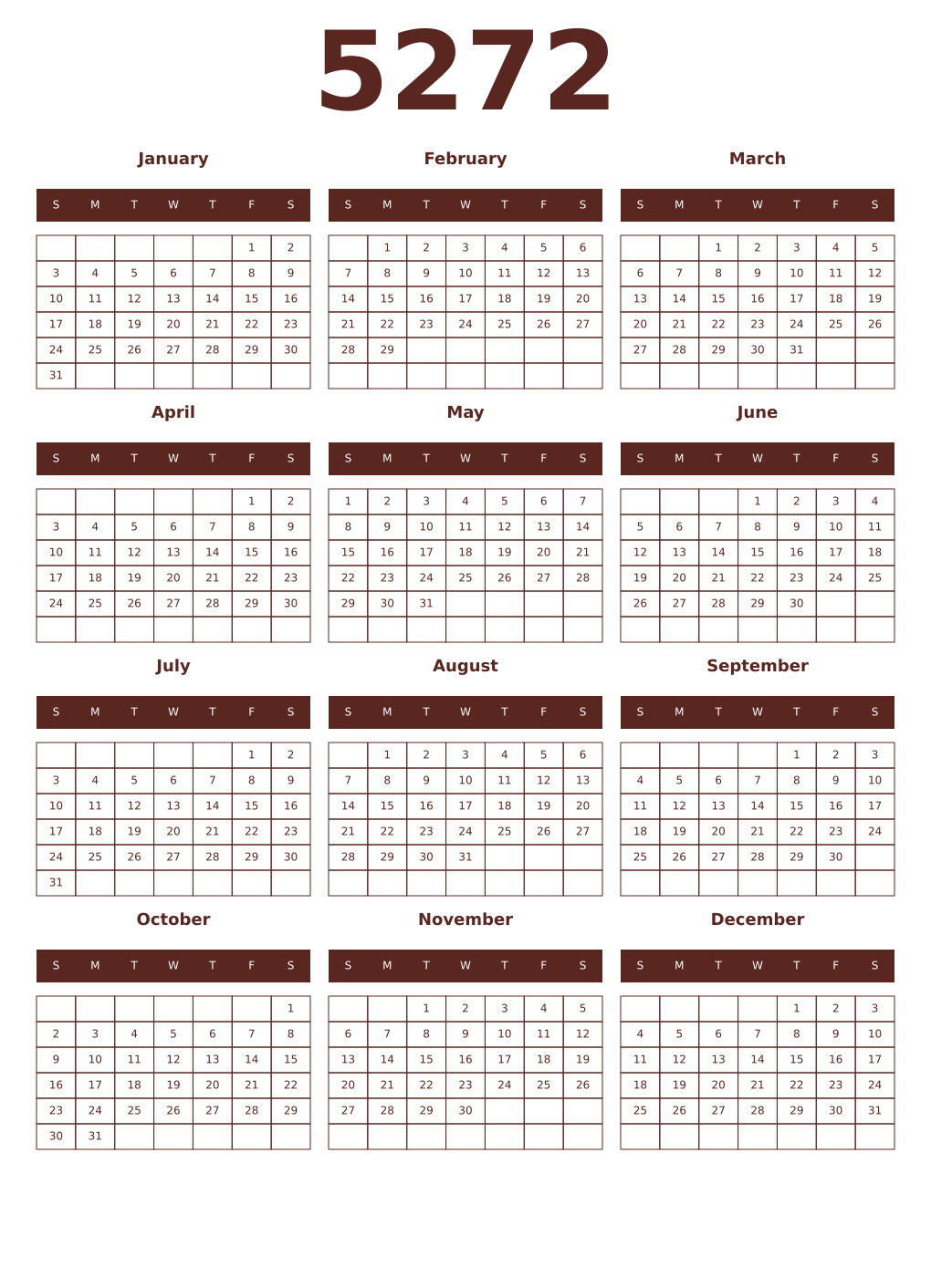 Printable 5272 Year Calendars mortuum