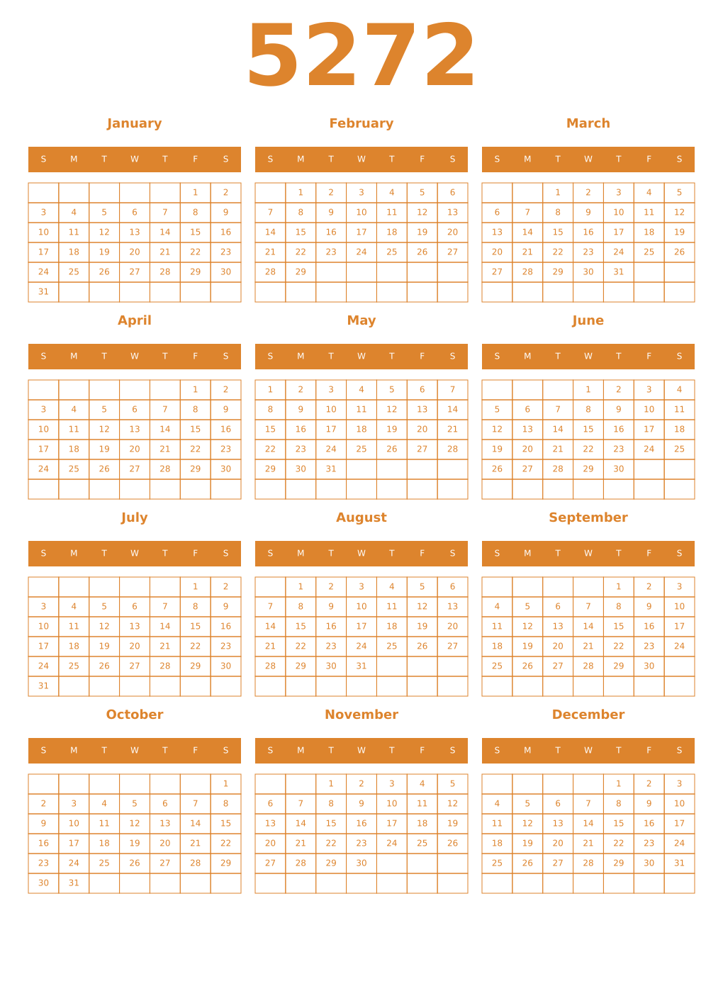 Printable 5272 Year Calendars orange