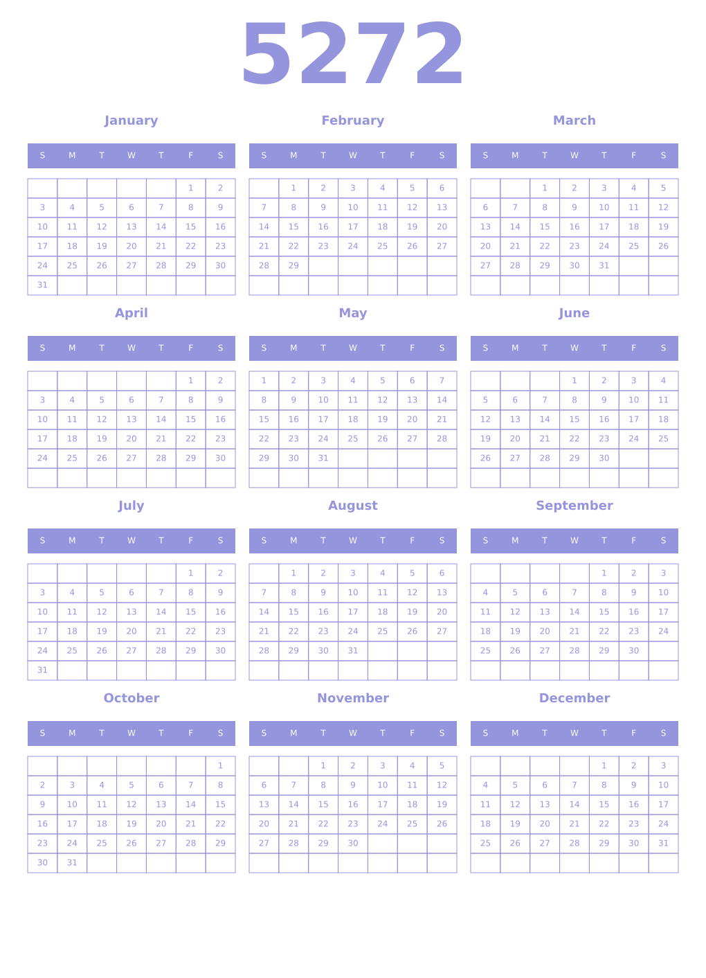 Printable 5272 Year Calendars periwinkle
