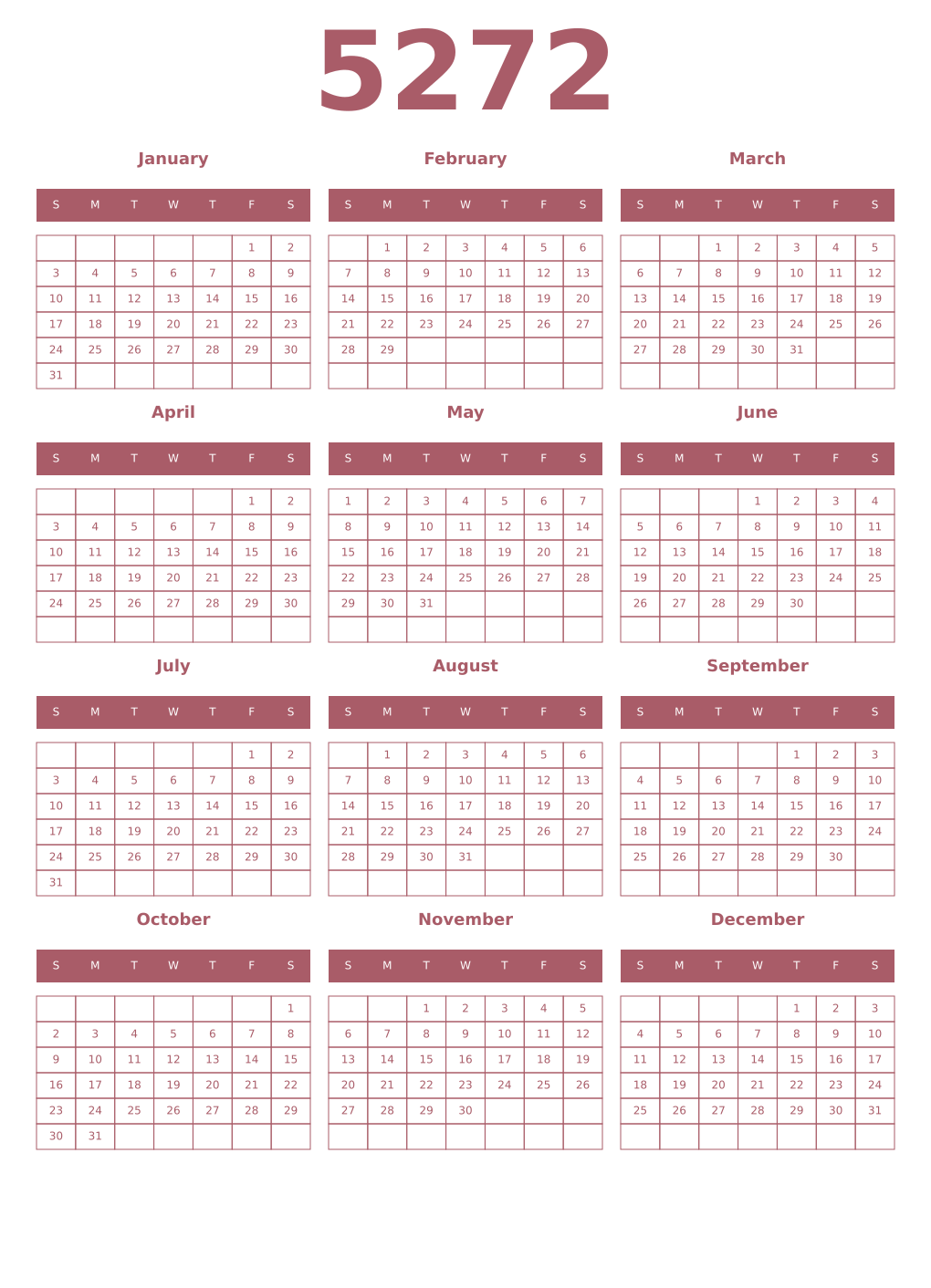 Printable 5272 Year Calendars puce