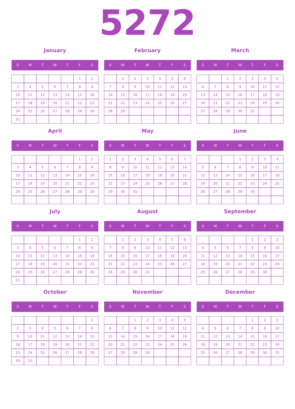 Printable 5272 Year Calendars purple