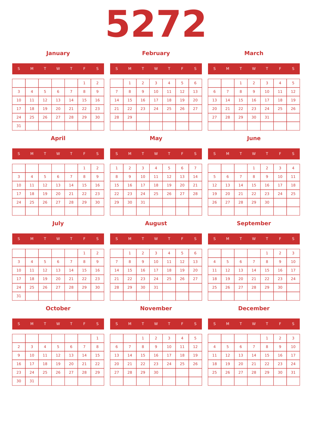 Printable 5272 Year Calendars red