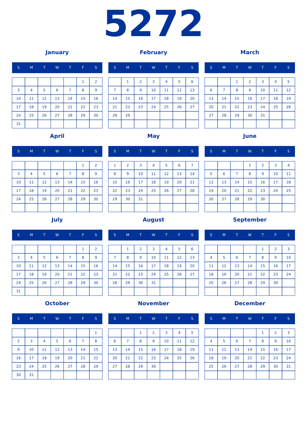 Printable 5272 Year Calendars smalt