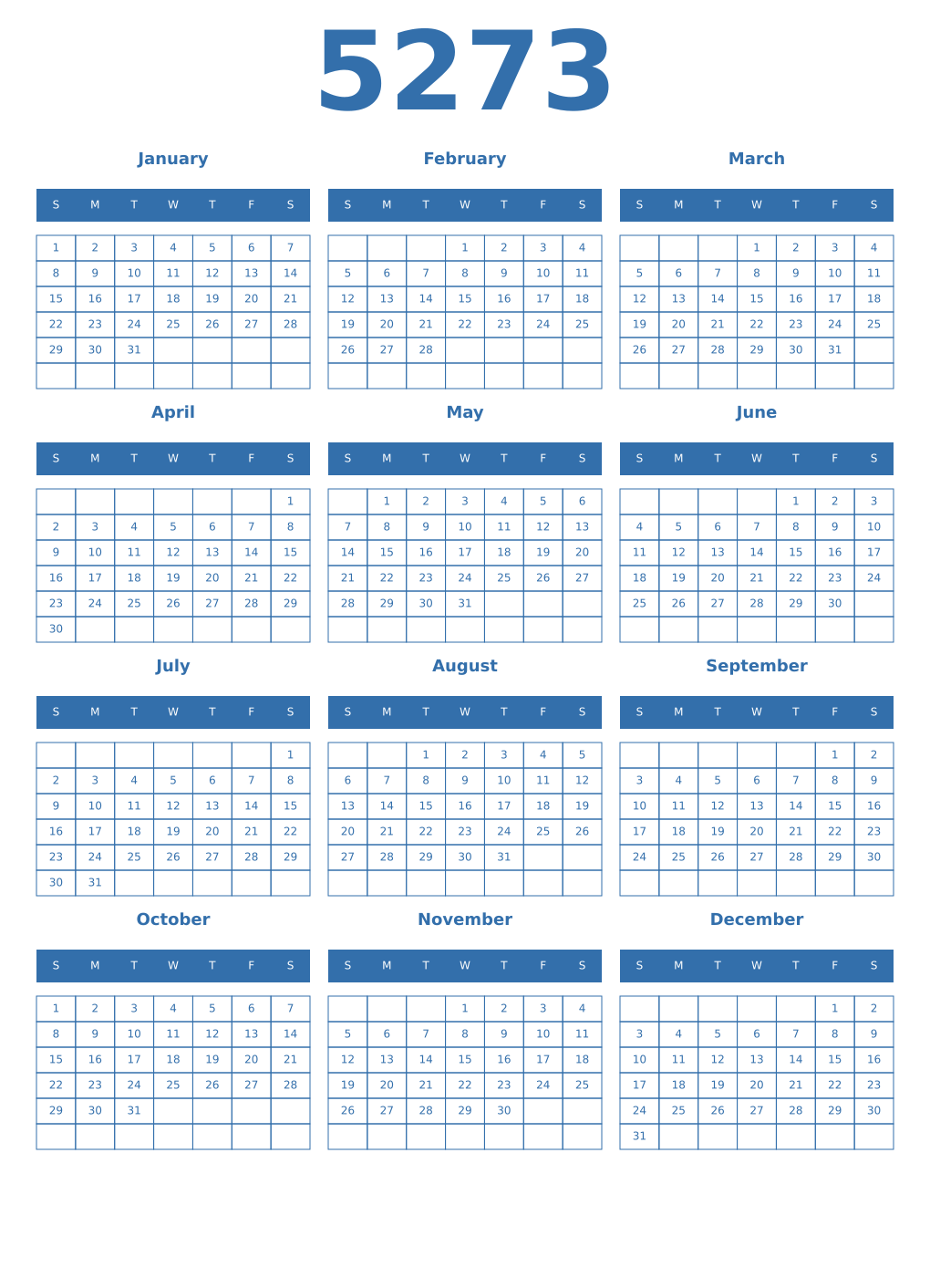 Printable 5273 Year Calendars blue