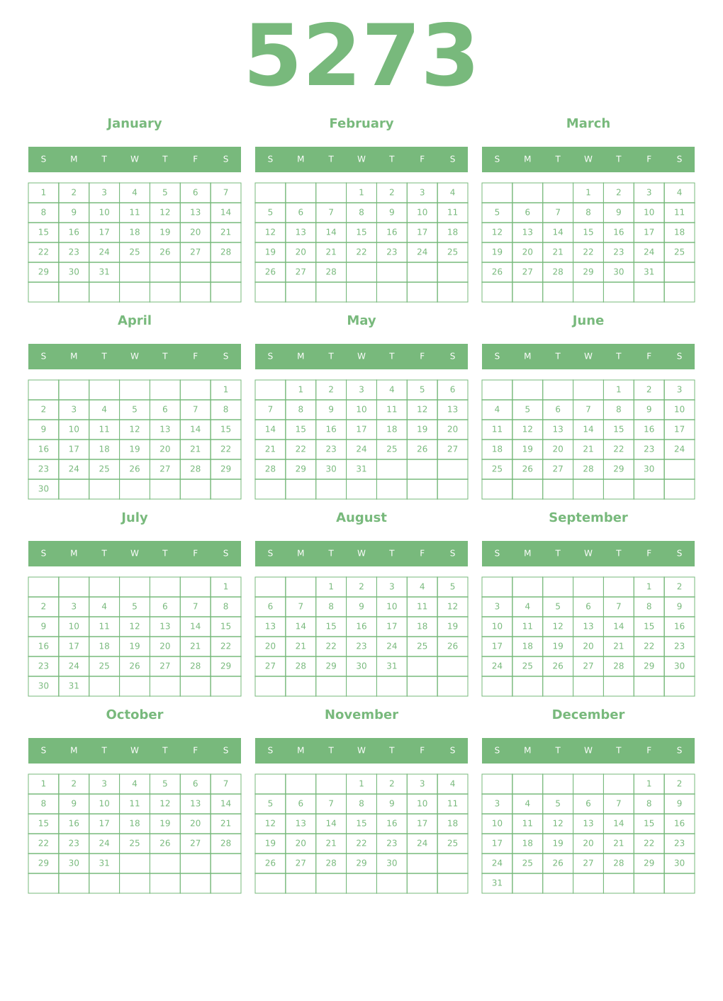 Printable 5273 Year Calendars celadon