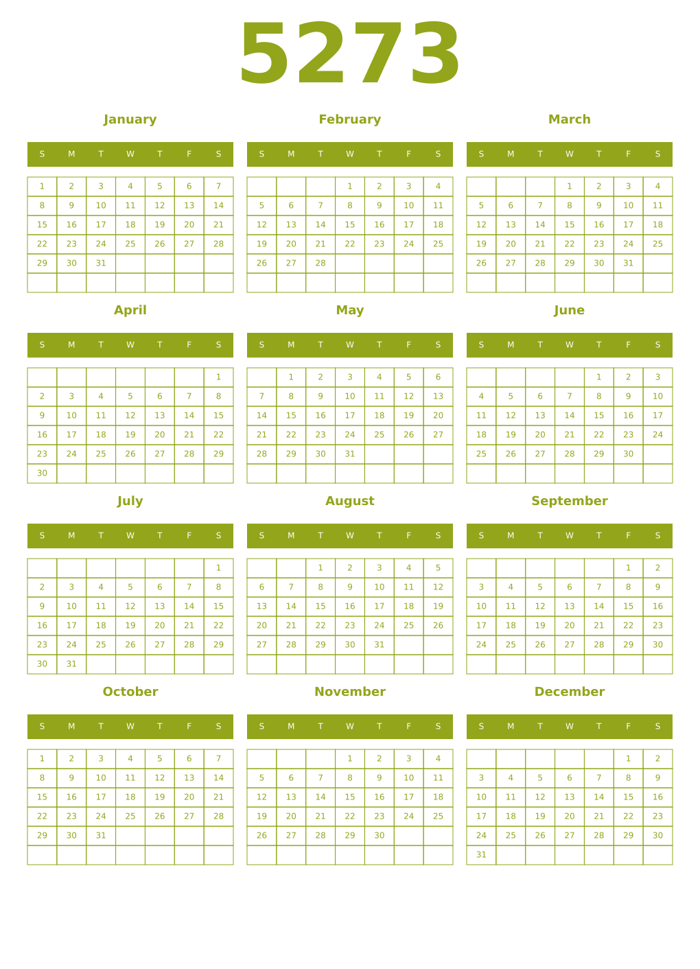 Printable 5273 Year Calendars chartreuse