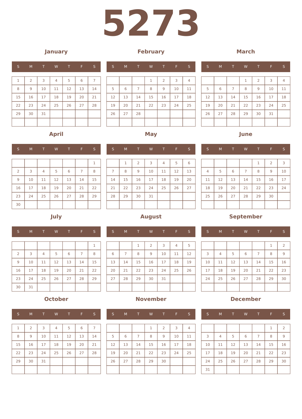 Printable 5273 Year Calendars coffe