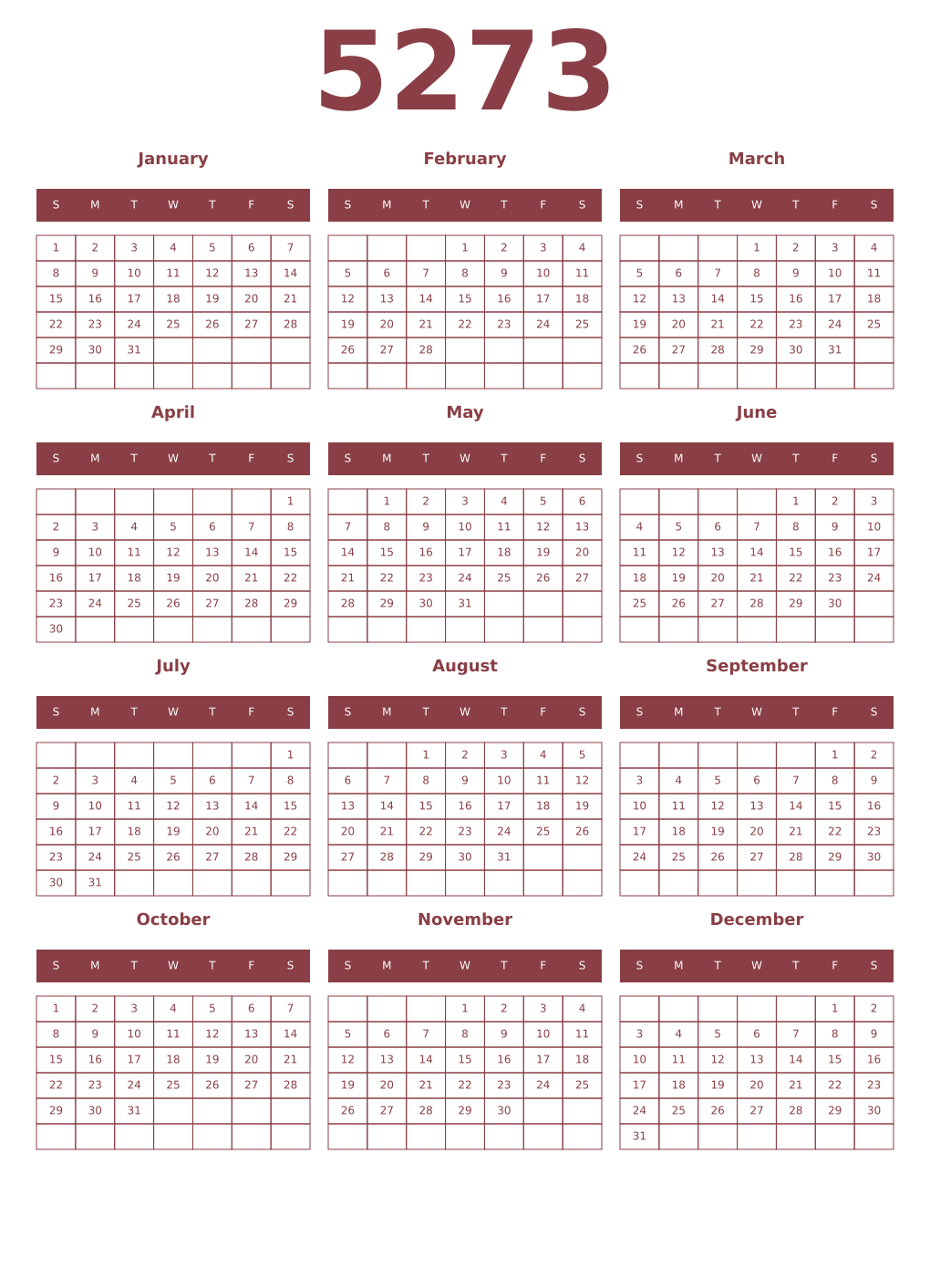 Printable 5273 Year Calendars cordovan