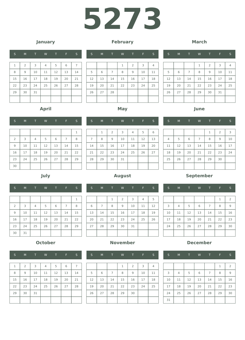 Printable 5273 Year Calendars feldgrau