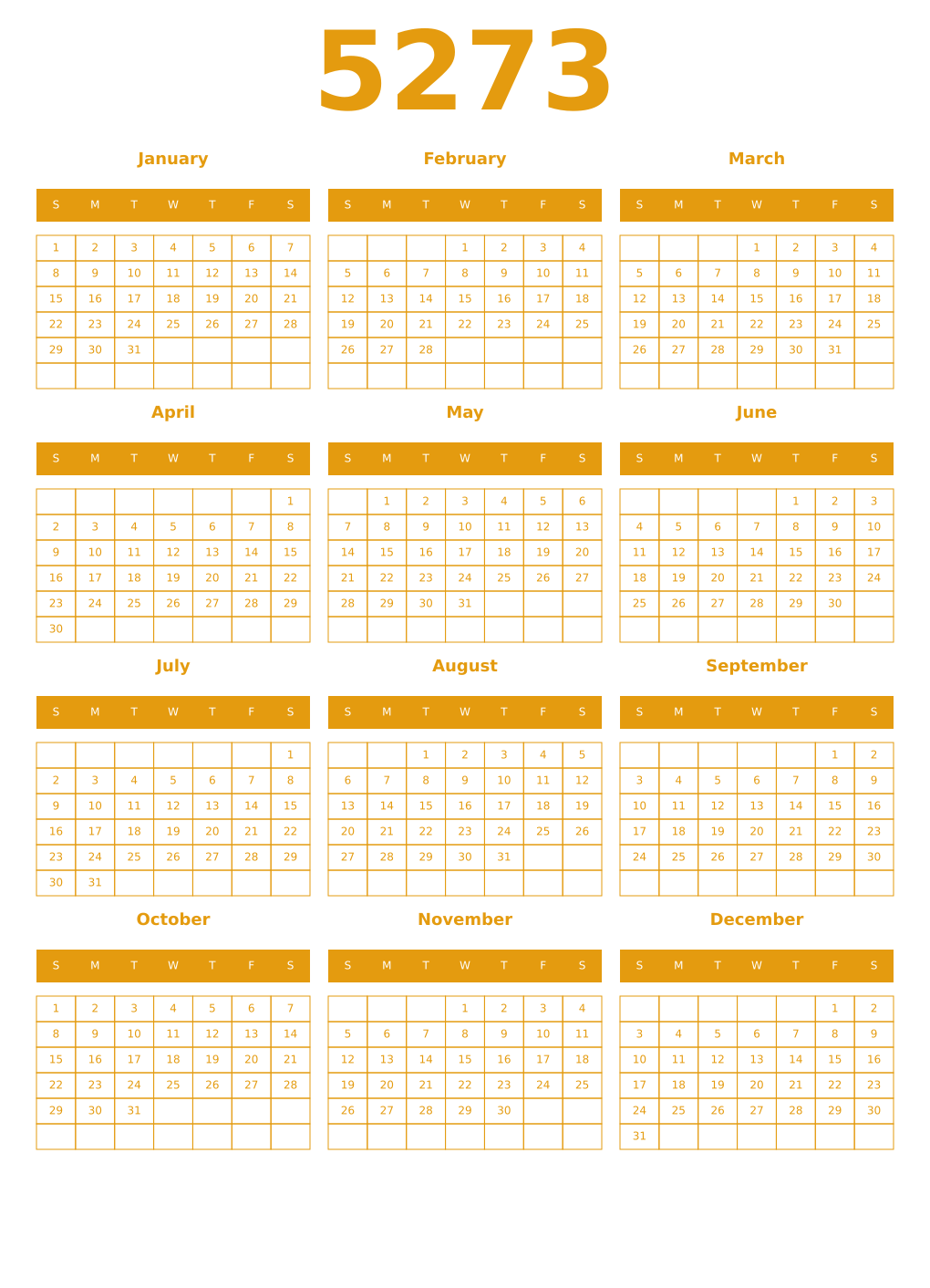 Printable 5273 Year Calendars gamboge