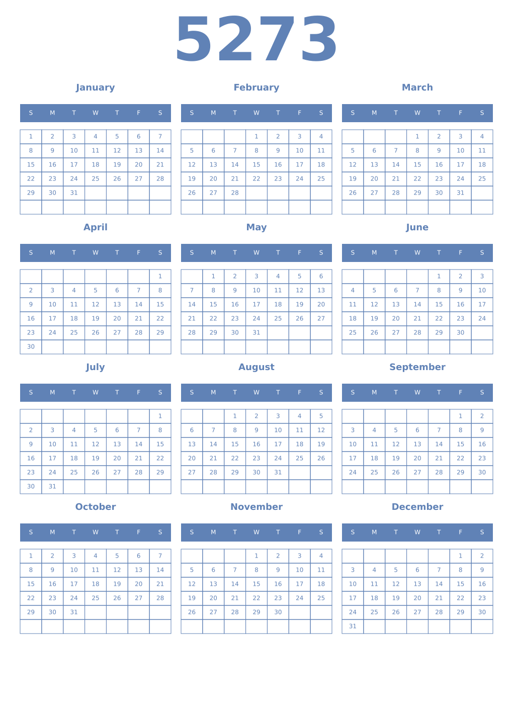 Printable 5273 Year Calendars glaucous