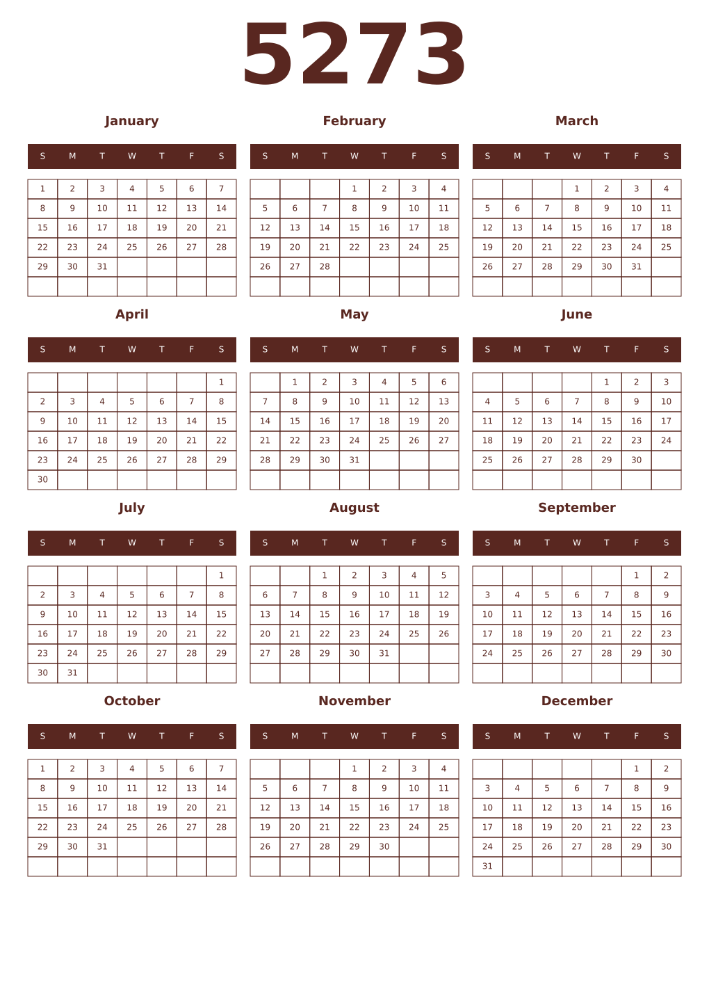 Printable 5273 Year Calendars mortuum