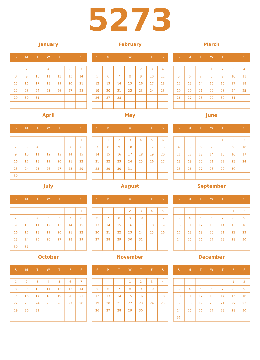Printable 5273 Year Calendars orange