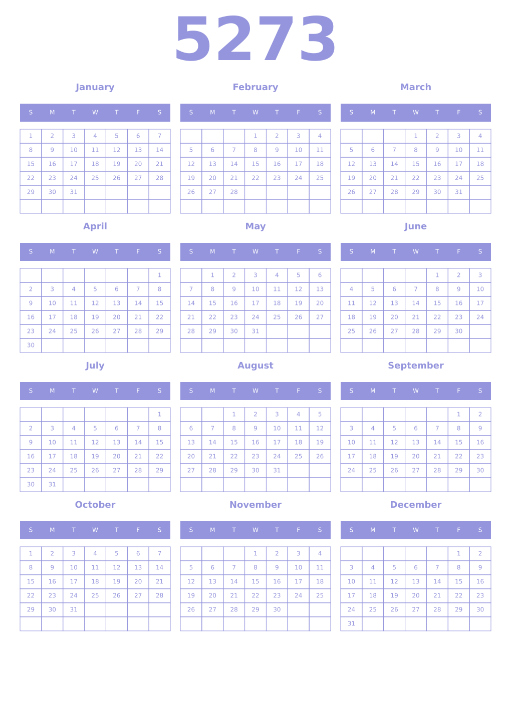 Printable 5273 Year Calendars periwinkle