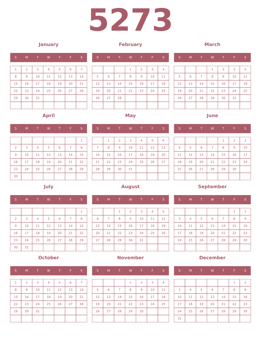 Printable 5273 Year Calendars puce