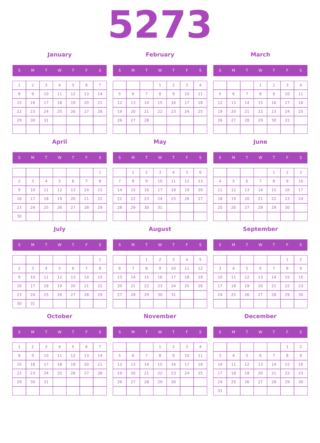 Printable 5273 Year Calendars purple