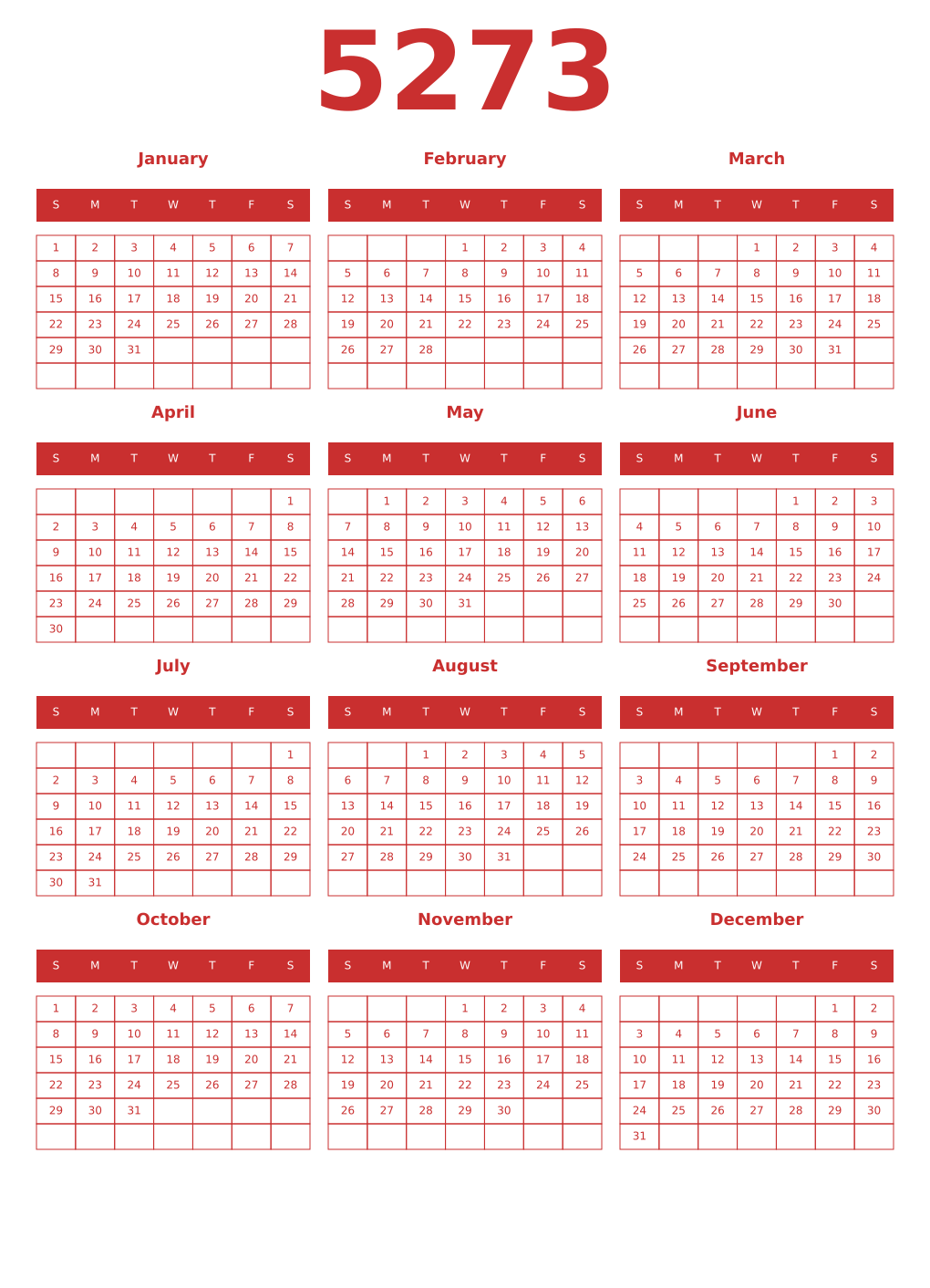 Printable 5273 Year Calendars red
