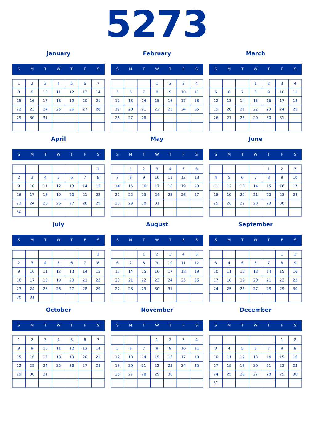 Printable 5273 Year Calendars smalt