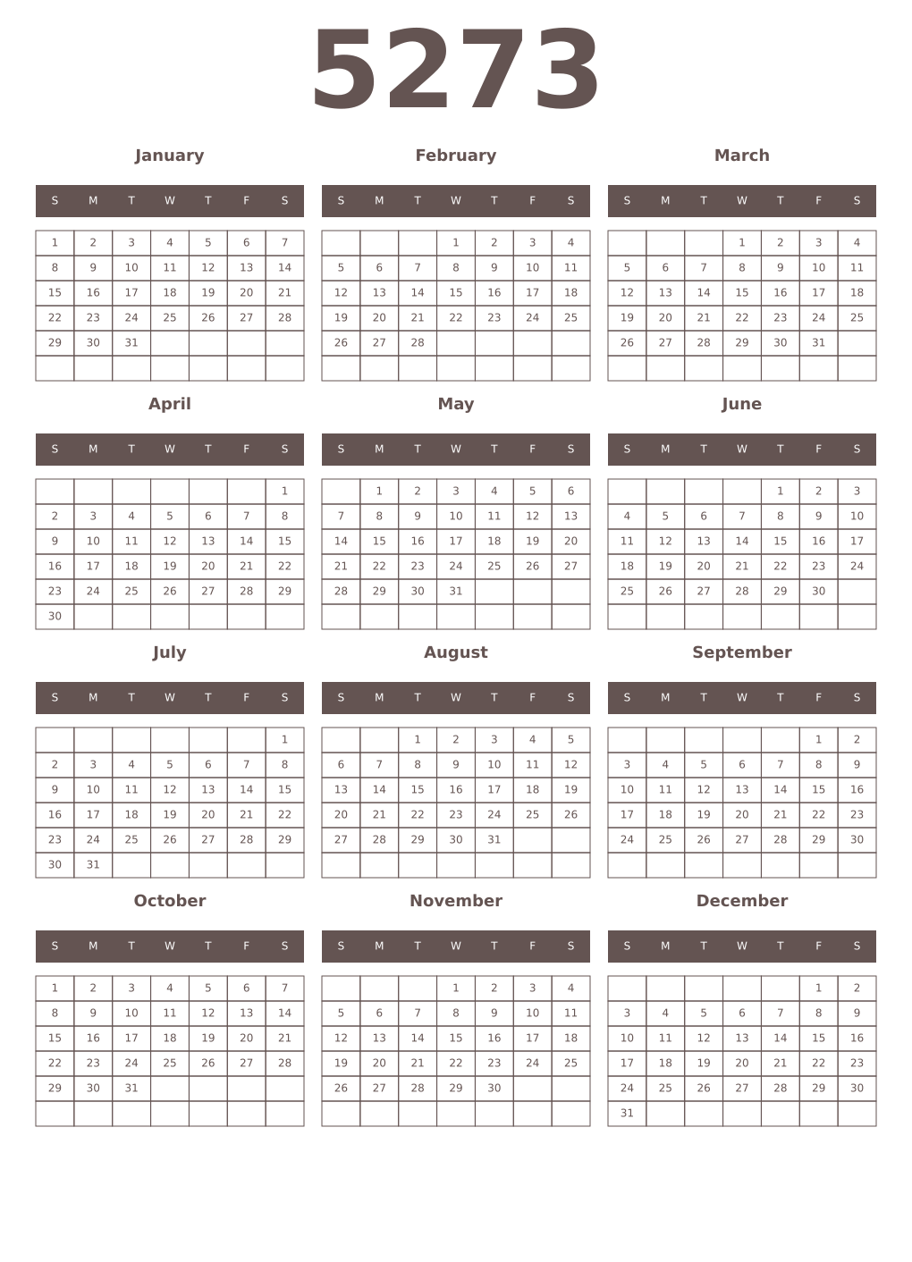 Printable 5273 Year Calendars wenge
