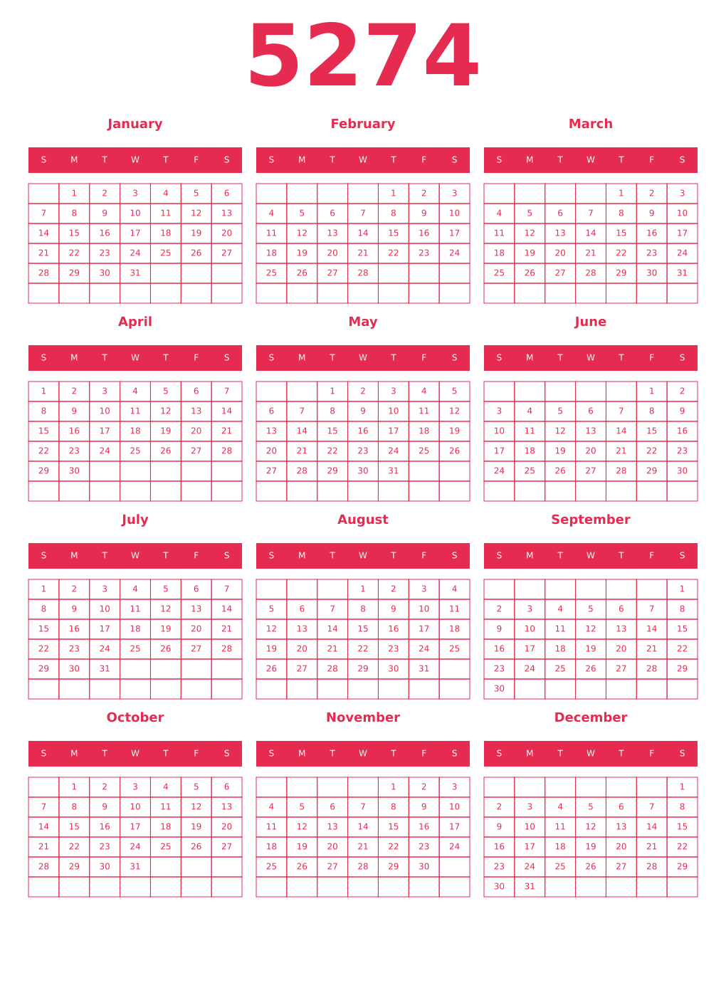 Printable 5274 Year Calendars amaranth