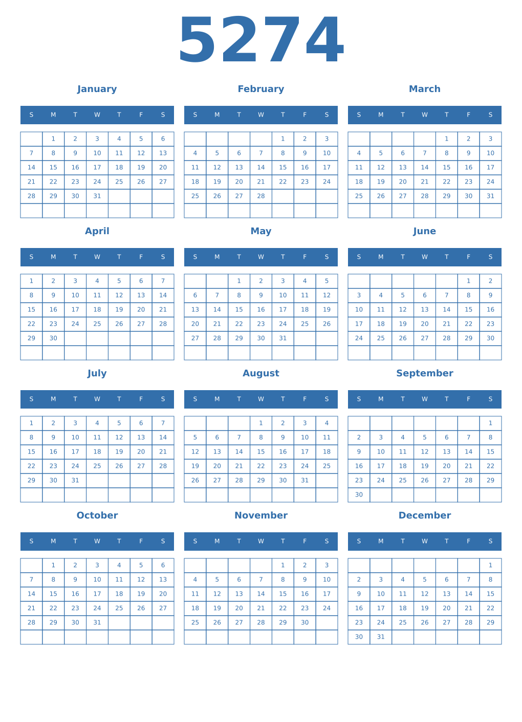 Printable 5274 Year Calendars blue