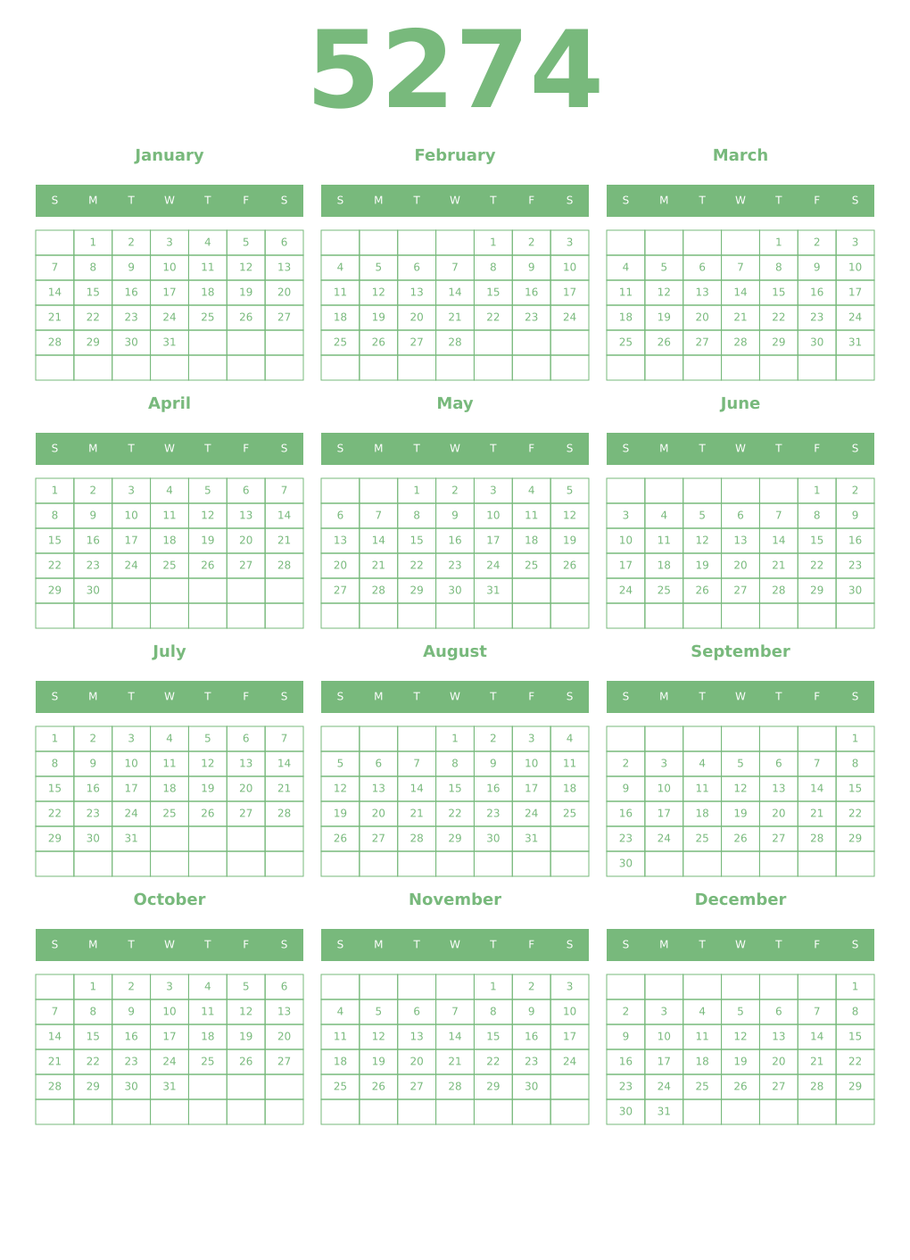 Printable 5274 Year Calendars celadon