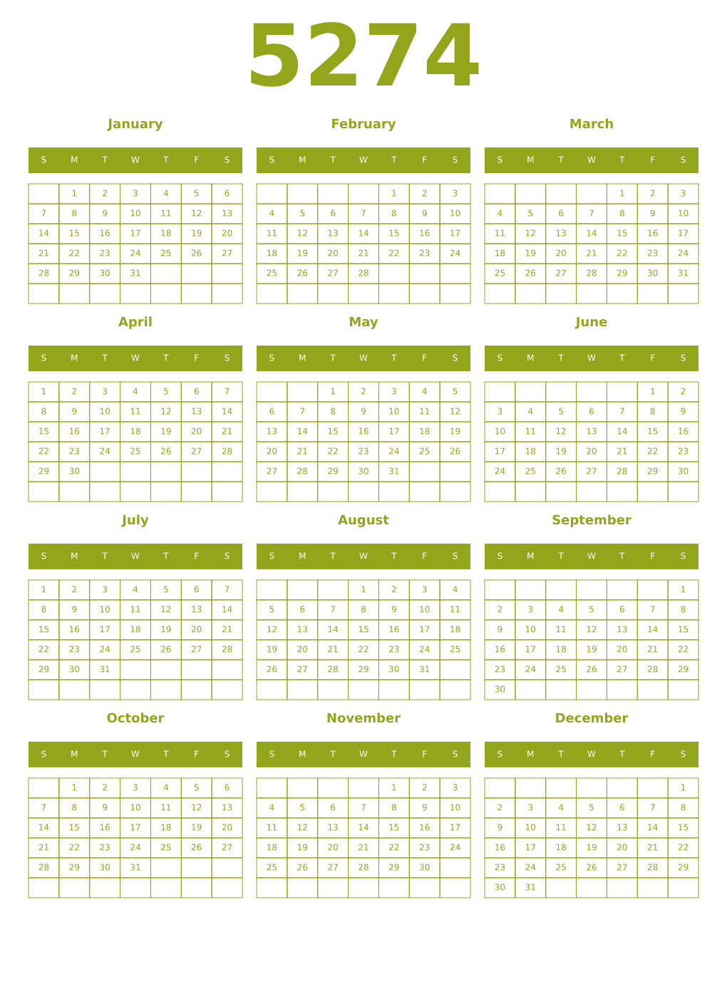 Printable 5274 Year Calendars chartreuse