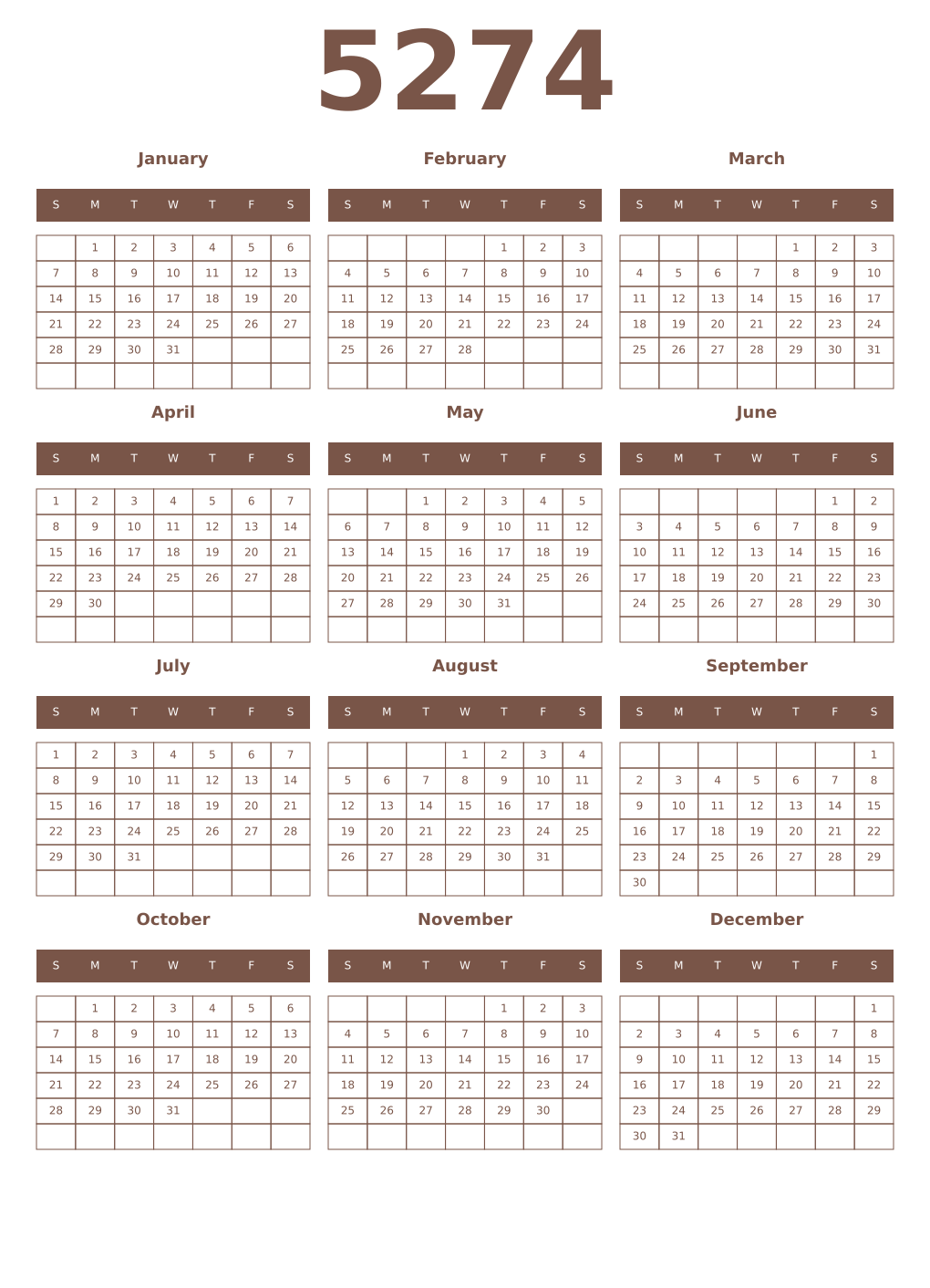 Printable 5274 Year Calendars coffe