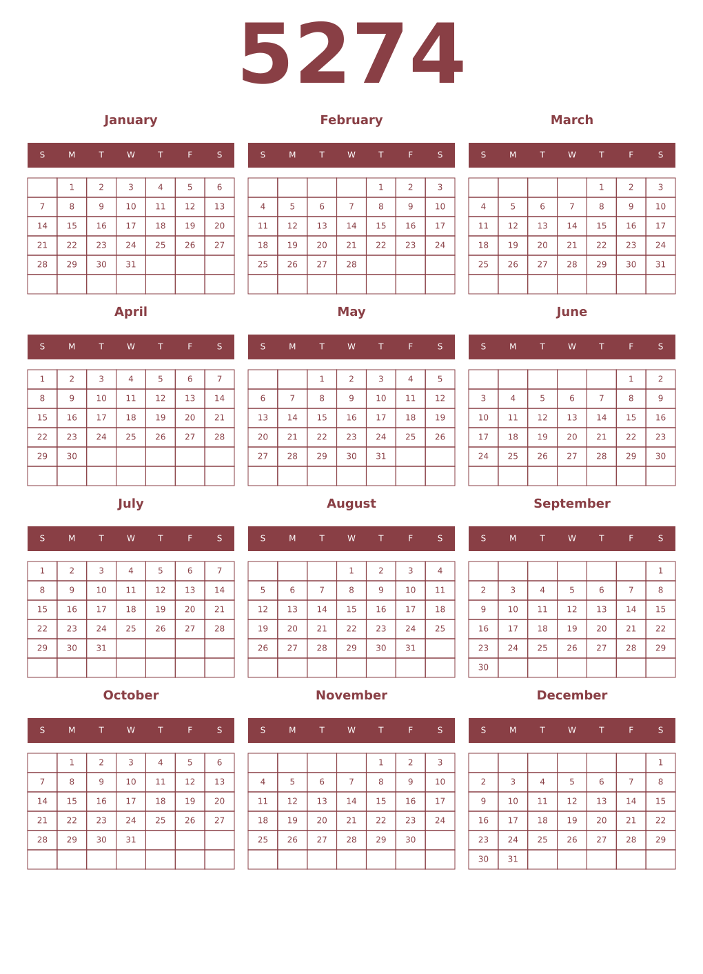 Printable 5274 Year Calendars cordovan