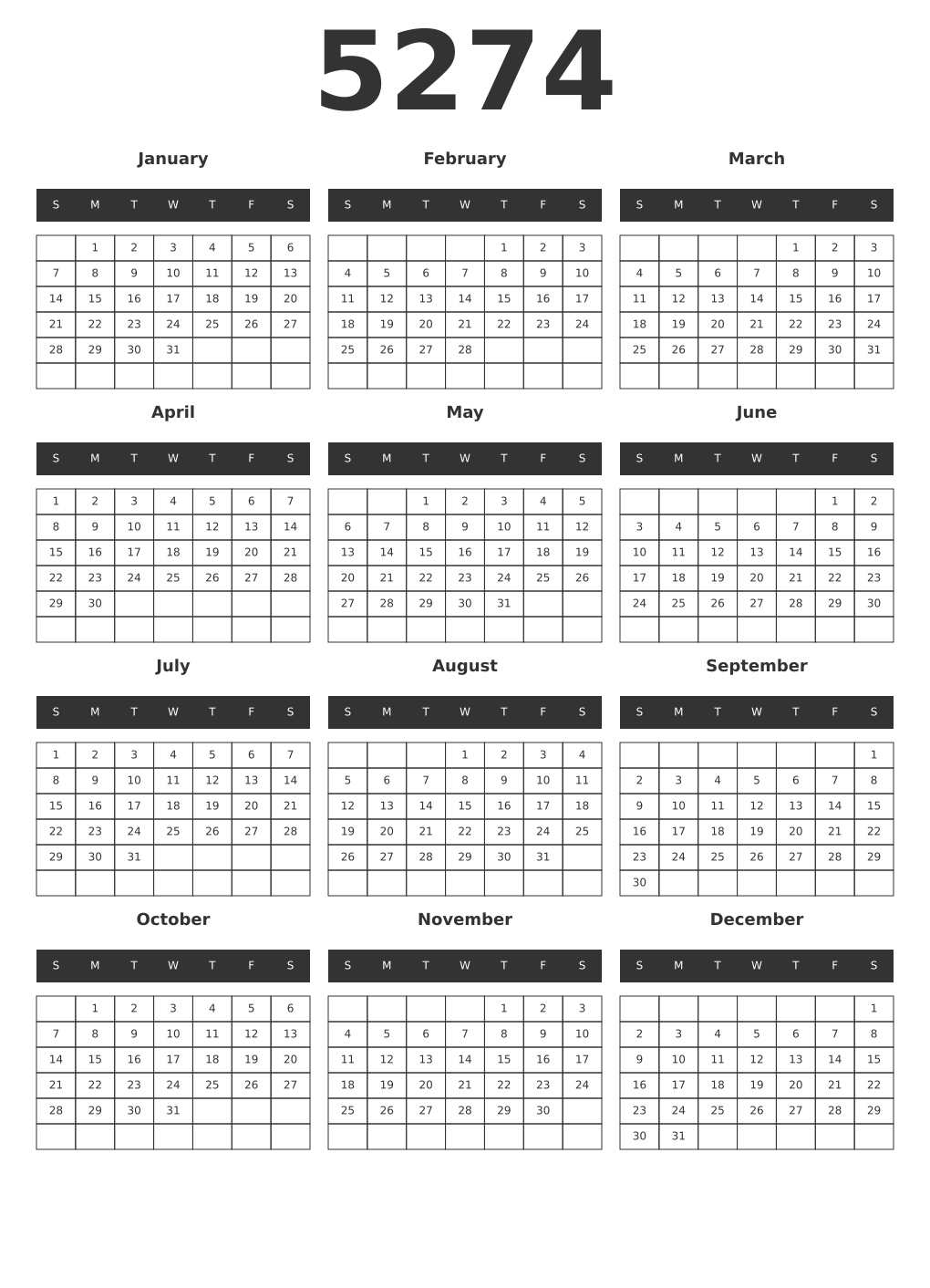 Printable 5274 Year Calendars dark