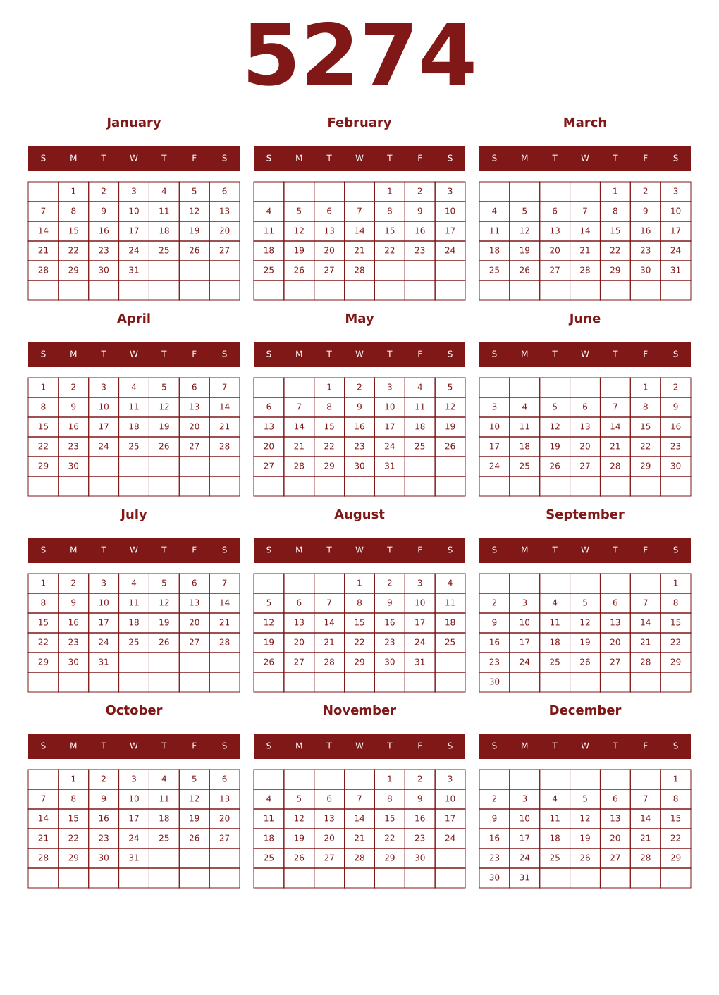 Printable 5274 Year Calendars falu