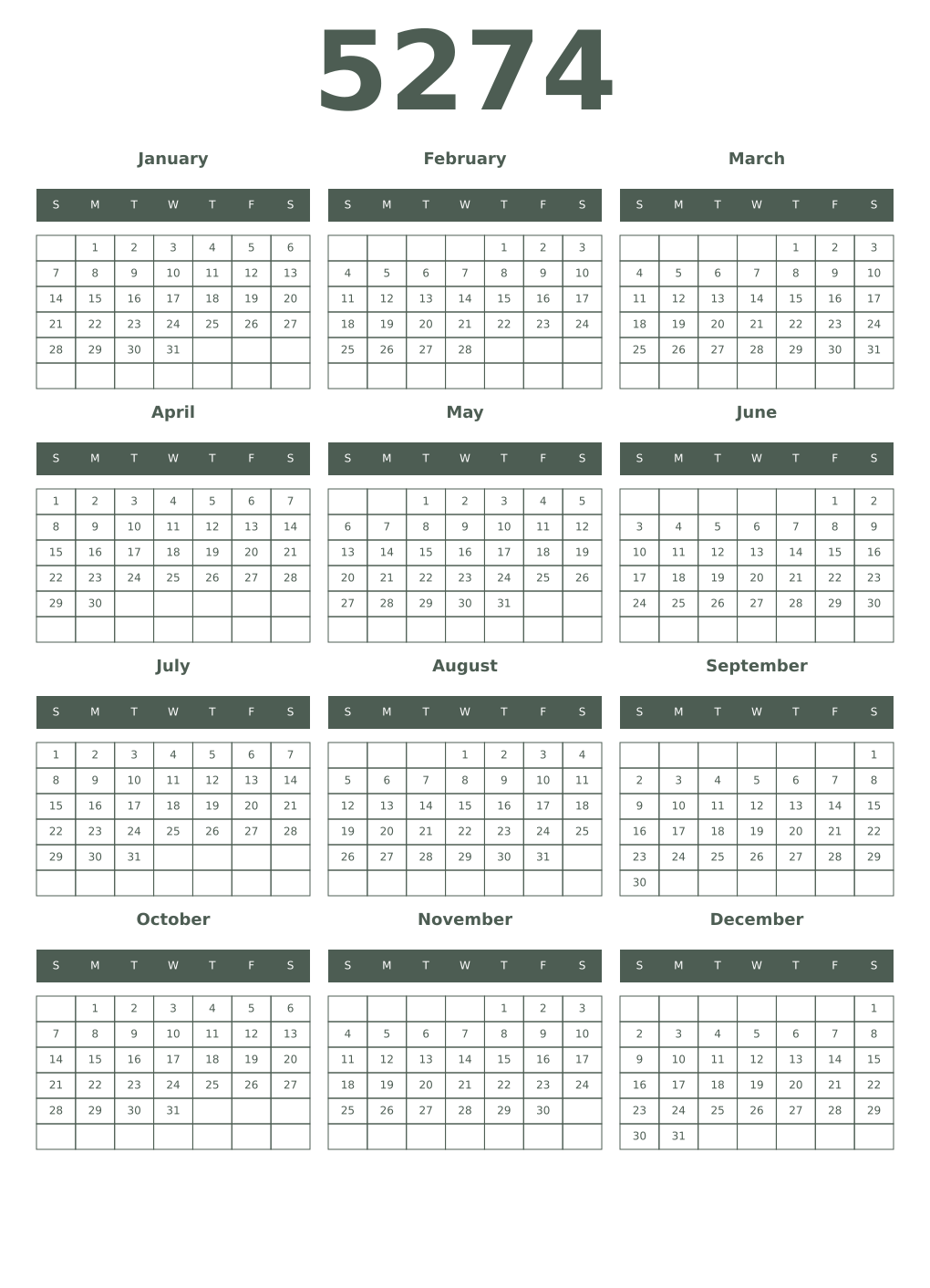 Printable 5274 Year Calendars feldgrau