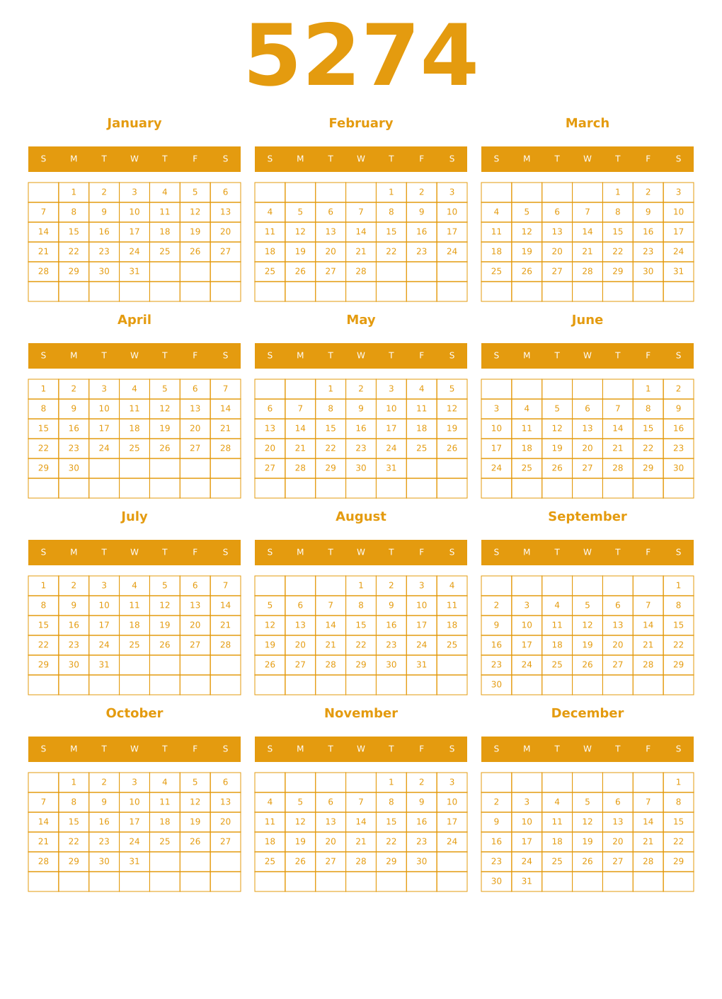 Printable 5274 Year Calendars gamboge