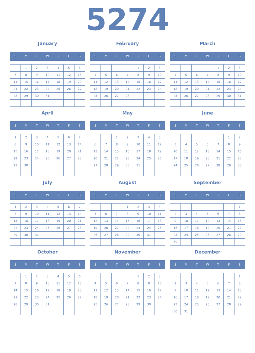 Printable 5274 Year Calendars glaucous